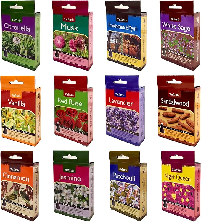 Tulasi Classic Incense Cones with Natural Oils Scents, Set of 12 Fragrances (180 Cones) Calming Home Aromatherapy, Meditation, Relaxing, Mixed Scents with Natural Oils