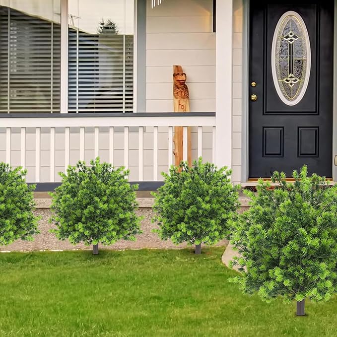 Artificial Boxwood Topiary Ball Trees with Ground Spikes UV Resistant Faux Greenery Shrubs Fake Shrubs for Outdoors, Realistic Faux Plants Bushes for Garden Porch Yard Patio Decor (Green Pine)