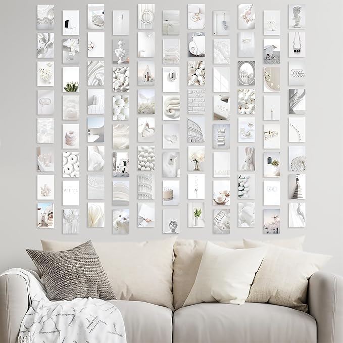 Y2K BOO Elegant White Wall Collage Kit - 100 Aesthetic Posters for Room Decor, Perfect Dorm and Bedroom Wall Art, Minimalist White Collage Kit for Teen Girls