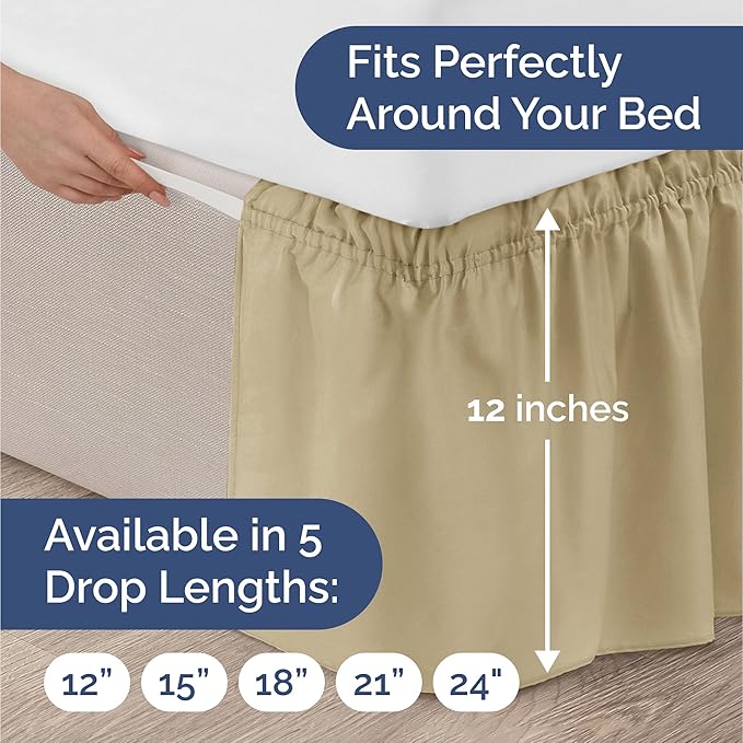 Wrap Around Dust Ruffle Bed Skirt - Beige - for King Size Beds with 12 Inch Drop - Easy Fit Elastic Strap - Adjustable Pleated Bedskirt w/Brushed Fabric - Wrinkle Free - for Women, Men, Kids & Teens