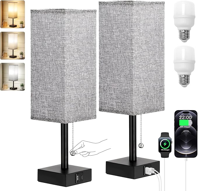Bedside Table Lamps Set of 2 - Gray Bedroom Lamps with 3 Color Temperatures (3000K/5000K/4000K), Square Nightstand Light with USB C + A Charging Ports, Pull Chain Small Night Light