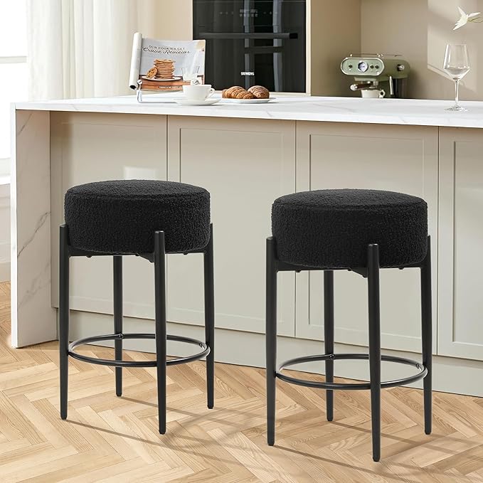 Counter Height Bar Stools, Set of 2, 24" Modern Backless Bar Stools, Ideal for Kitchen Counter, Kitchen Island, Boucle Sherpa Padded Cover, with Round Soft Seat and Foot Rest, Black
