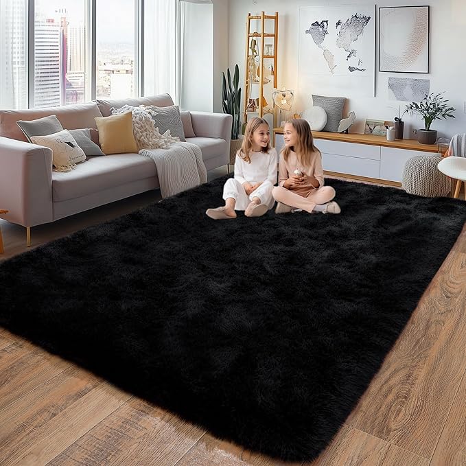 Large 8x10 Area Rugs for Living Room, Black Soft Shag Rug for Bedroom, Non-Slip Ultra Fluffy Rug, Modern Plush Carpet for Girls Boys Kids Room Dorm, Fuzzy Rug for Home Decor Aesthetic