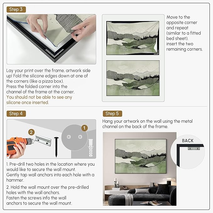 SIGNWIN 46"x72" Extra Large Framed Wall Art Green Line Art Mountain Landscape Illustration for Home Living Room Bedroom Decor (Frame Assembly Required)
