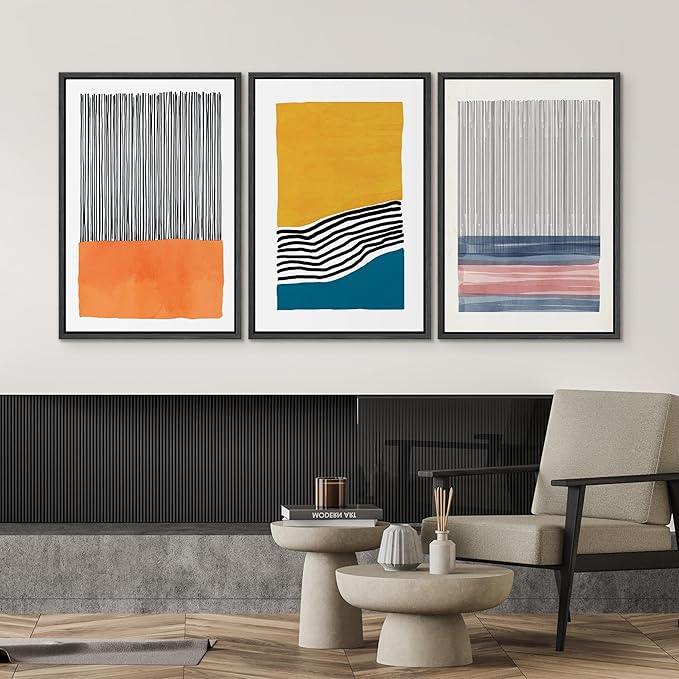 SIGNWIN Framed Wall Art Print Set Orange, Yellow, Blue & Pink Color Blocks and Lines Abstract Shapes Illustrations Modern Art Chic Multicolor for Living Room, Bedroom, Office - 24"x36"x3 Black