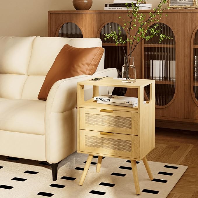 Rattan Nightstand with Charging Station,Farmhouse Bedside Table with 2 Storage Drawer and Open Wood Shelf, for Bedroom and Small Spaces,Night Stand with Solid Wood Legs (Yellow Oak-Outlet)