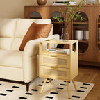 Rattan Nightstand with Charging Station,Farmhouse Bedside Table with 2 Storage Drawer and Open Wood Shelf, for Bedroom and Small Spaces,Night Stand with Solid Wood Legs (Yellow Oak-Outlet)