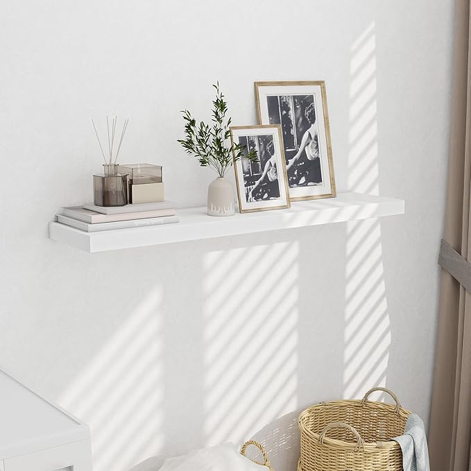 Fun Memories 10 Inch Deep Shelves, Floating Shelves for Wall 48 Inches Long, Wood Floating Shelves for Wall, Large Storage Shelves Wall Mount for Living Room Bedroom, White, Set of 1