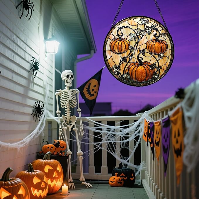 Stained Glass Window Hanging - Halloween Decoration Orange Pumpkin Vine Leaves Suncatcher for Door Garden Spooky Sun Catchers Gothic Decor Horror Gifts for Women Men Friend Boy Girl 11.8 in