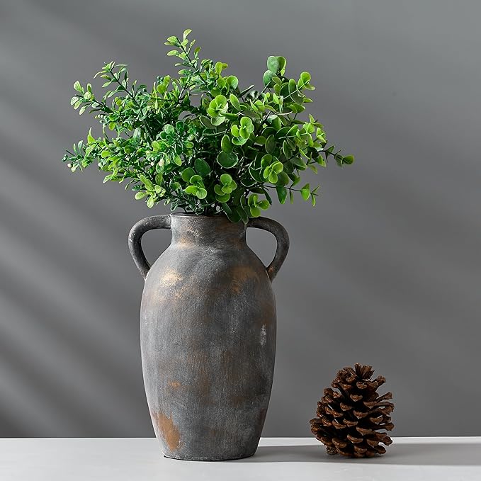 9.84 Inch Terracotta Vase with Handles, Ceramic Rustic Vase for Home Decor, Vintage Antique Farmhouse Decor for Living Room, Table, Thanksgiving - Black Bronze