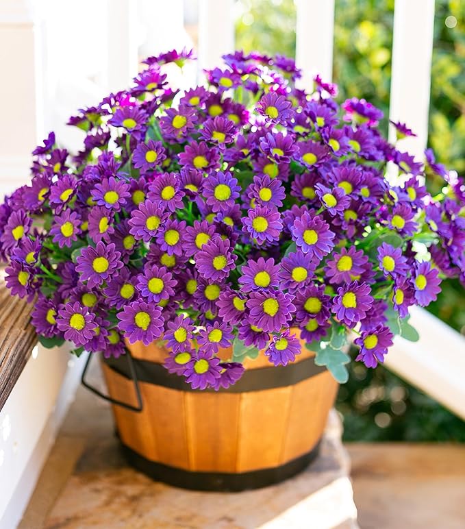 Daisy Artificial Flowers for Outdoors Summer Fall Decoration, 6 Bundles Fake Mums Purple Silk Flowers for Outside Look Real UV Resistant Faux Flowers Plants for Planter Front Door Home Indoor Porch