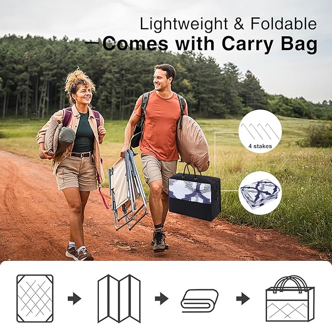 OLANLY Reversible Outdoor Rug 9x12 ft Clearance, Waterproof Outdoor Plastic Straw Rug with Interlacing Pattern, RV Mat for Patio, Camping, Balcony, Deck, Backyard, Navy & White