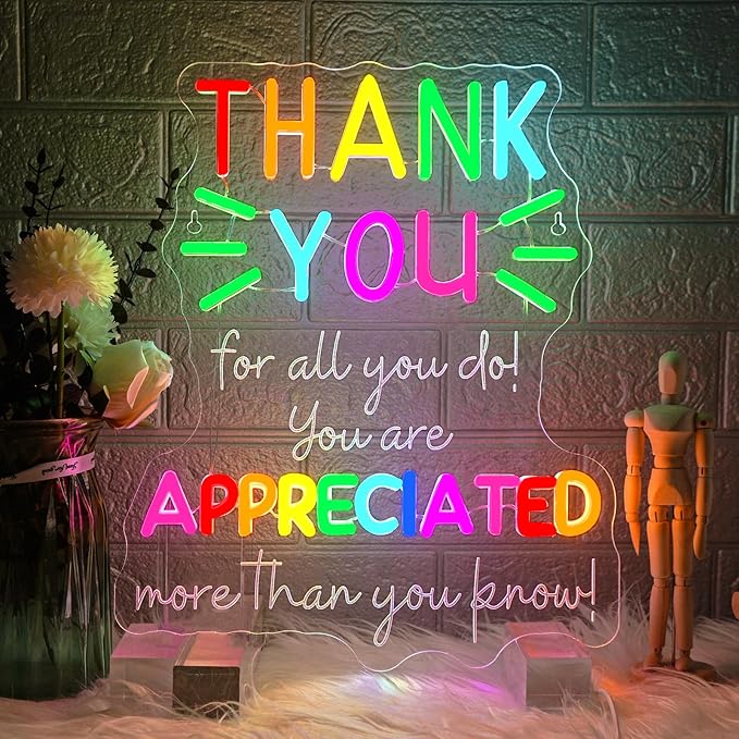 WLHOPE Thank You Appreciated Neon Sign Dimmable Led Signs for classroom Wall Decor Neon Lights USB Powered Acrylic Sign for living room bedroom office teacher's day kids gift Decoration12.6*14.96 inch
