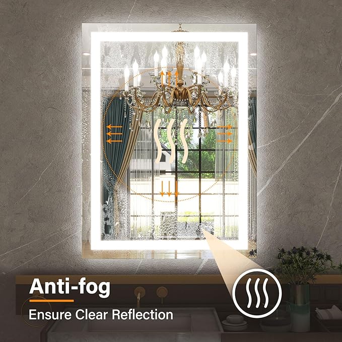 GLSLAND LED Bathroom Mirror - 26"x38" Anti-Fog Lighted Wall Mirrors with Memory Function, Dimmable, Frontlit & Backlit, Horizontally/Vertically, Tempered Glass