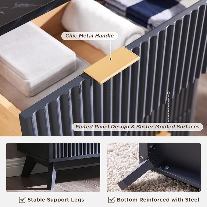 T4TREAM Fluted 5 Drawers Dresser, 48" Tall Modern Chest of Drawers with Faux Marble Top, Curved Profile Design, Wood Drawer Organizer for Bedroom, Living Room, Hallway, Entryway, Dark Grey