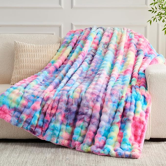 NEWCOSPLAY Faux Fur Throw Blanket Dark Rainbow Luxury Fluffy Thick Warm Bubble Blanket for Couch Sofa Bed 700GSM (Dark Rainbow, Throw(50"x60"))