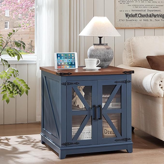 Farmhouse End Table with Charging Station Set 2, 24" Large Sofa Side Table with Glass Barn Door, Blue Nightstand with Adjustable Storage Shelf,Wood Square Bedside Table for Living Room,Bedroom