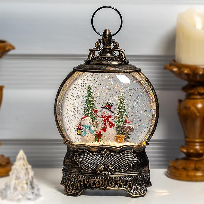 Christmas Snow Globes, Snowman Family Squirrel Cardinal Water Lantern, 8 Christmas Music, USB Powered & Battery, Holiday Decorations Gifts for Family Children or Friends