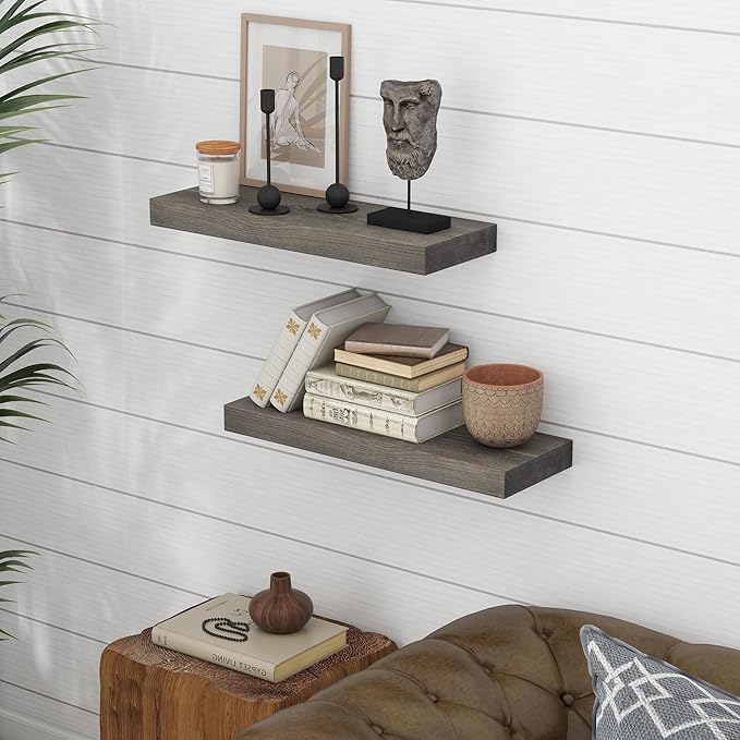 Marsmiles Wood Floating Shelves for Wall - 24 Inch Grey Wood Floating Shelves Set of 2-24 Inch Wide x 7.7 Inch Deep x 1.6 Inch Thick Rustic Wooden Shelves for Room Wall