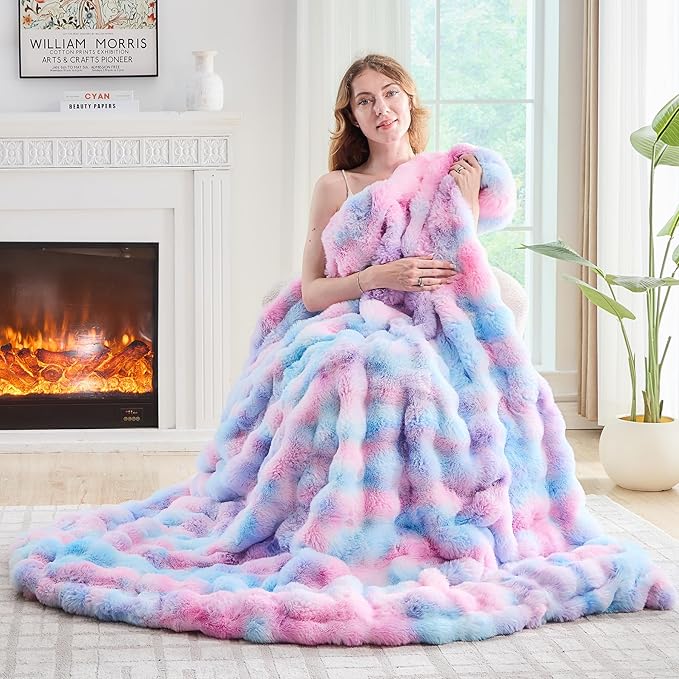 Lotus Karen Faux Fur Throw Blanket Tie-Dye Purple Rainbow - Big Bubble Rabbit Fluff Blanket for Couch, Small Fluffy Fuzzy Cozy Blanket,Thick Furry Plush Shaggy Blankets,60x80 Inches