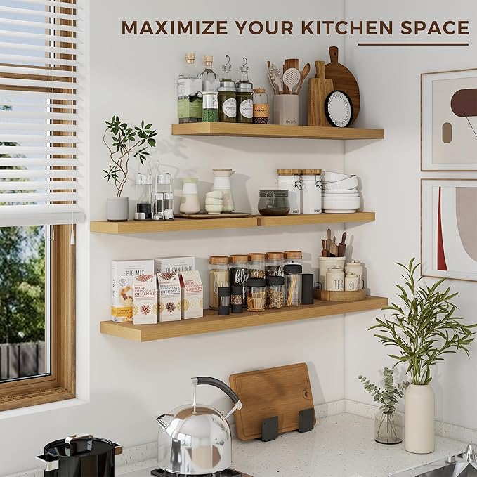 Dreamland 24 inch Floating Shelves Long Floating Shelves for Wall Large Wall Mounted Shelves with Invisible Brackets, Oak Shelves for Bathroom, Living Room, Kitchen, Office, 24x6.7 inch deep Set of 2