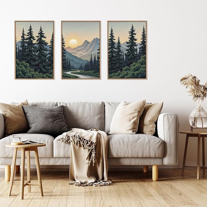 HLNIUC Mountain Forest Sun Framed Wall Art,Large Boho Pine Tree Canvas Wall Decor Set of 3(16”x24”)Ridge Mountain Landscape Picture Prints,Natural Sunset Woodland Wall Painting for Living Room,Bedroom