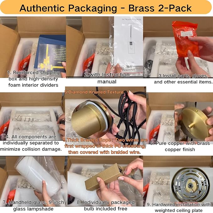 Modern Brass Pendant Lights Kitchen Island 2 Pack Glass Pendant Light Fixtures, 9.5'' Farmhouse Gold Pendant Light Kitchen Pendant Lighting Over Island for Sink, Bathroom, Bar,Dining Room