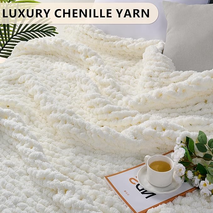 L'AGRATY Chunky Knit Blanket Throw: 80''x90'' Chenille Chunky Knitted Throw Blanket for Bed Couch - Handmade Thick Big Cable Knit Blanket - Large Chunky Crochet Blanket for Home Decor(Cream White)
