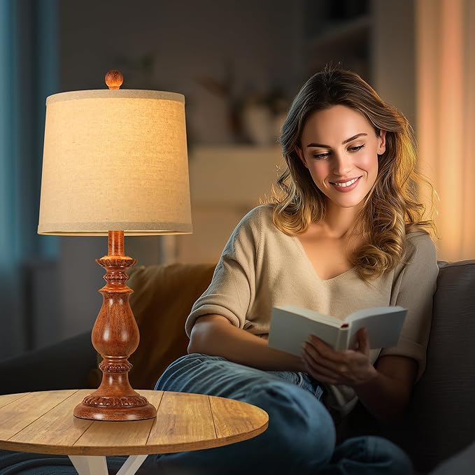 QiMH Farmhouse Table Lamp Set of 2, Rustic Table Lamps for Living Room, Vintage Nightstand Lamp with Rotary Switch, Beside Lamps for Bedroom, Traditional Table Lamps with Linen Shade, Wood Grain