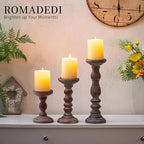 Candle Holder for Pillar Candles: Romadedi Set of 3 Decorative Wood Candlestick Holders, Rustic Wooden Candle Stand for Fireplace Mantle End Table Shelf in Farmhouse Style, Brown 6”, 8.3”, 12”