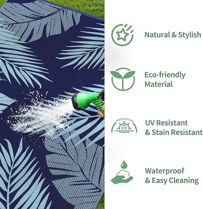 GENIMO Outdoor Rug 5' x 8' Waterproof for Patios Clearance, Reversible Outdoor Plastic Straw Camping Rug Carpet, Large Area Rugs Mats for RV, Camper, Deck, Balcony, Porch, Beach, Navy Blue&Baby Blue