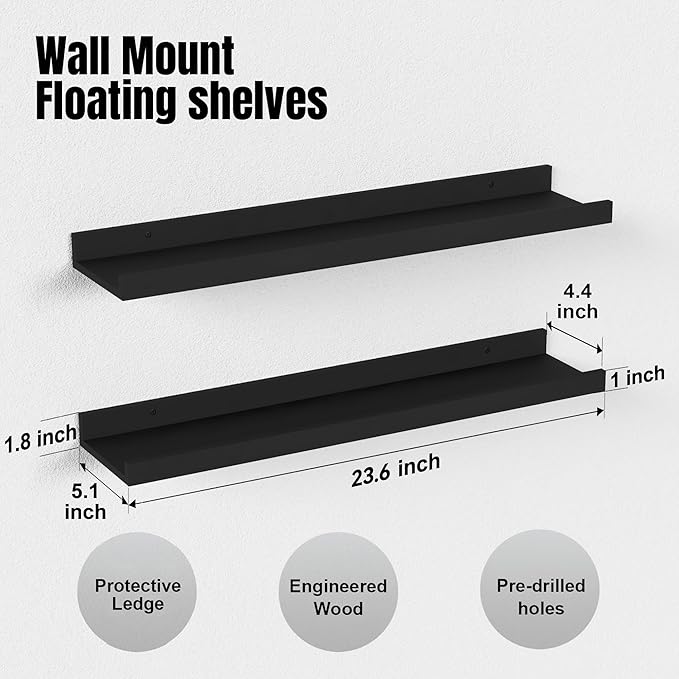 RICHER HOUSE 3 Set Floating Shelves for Wall, Black Wall Mounted Shelves with Lip for Storage, Display Picture Ledge Shelf for Bedroom Bathroom Kitchen Living Room Decor, Modern Black