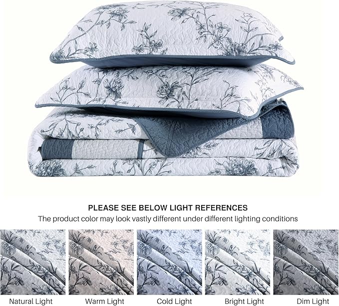 DDUOXIN Botanical Super Oversized King Bedspread - 128" W x120 L Extra Wide 100% Cotton California Quilt, Lightweight Reversible Oversize Bedspreads with 2 Pillow Shams, Blue/White/Pale Blue Gray