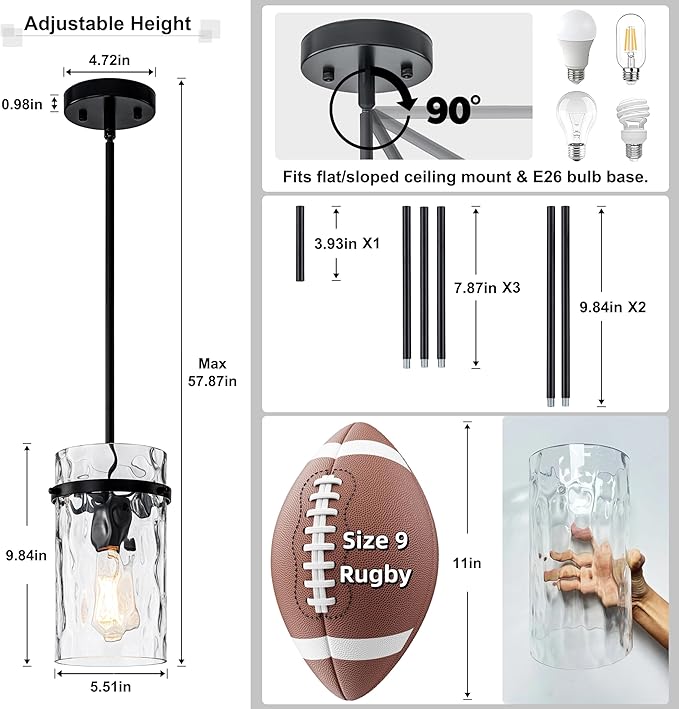 Black Hammered Hand-Blown Glass Pendant Light Modern Pendant Lights Kitchen Island, Hammered Glass Pendant Light Fixtures Farmhouse Dining Room Light Adjustable Pendant Lighting Over Sink 2 Pack