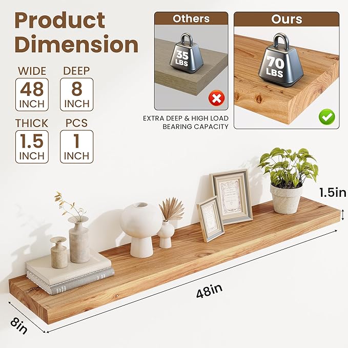 Floating Shelves, 8" Deep Rustic Solid Elm Wood Wall Mounted Floating Shelves, Wall Shelves with Invisible Bracket for Living Room Bathroom Bedroom Kitchen, 48 Inch, Natural