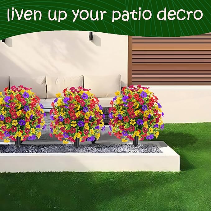 22.8" Set of 2 Fall Artificial Boxwood Topiary Ball with Spikes,UV Resistant Fake Outdoor shrubs with Violet Flowers, Realistic Faux Plants Bushes for Garden Front Porch Yard Patio Decor(Mixcolors)