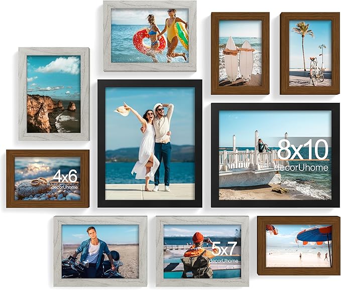 decorUhome Picture Frames Collage Wall Decor for Photo Gallery Display, Assorted Picture Frames set of 10 Including Two 8x10 / Four 5x7 / Four 4x6 for Family Wall Decor, Black/Brown/Grey, 10 Pack