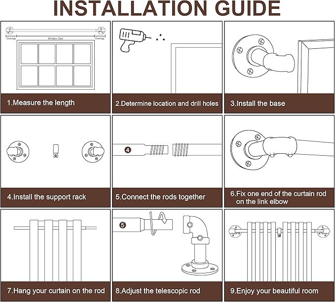 Industrial Curtain Rods for Windows 48 to 84, 2 Pack 1 Inch Heavy Duty Curtain Rods, Outdoor Curtains Rod 48-84 inch, Wrap Around Blackout Curtains Rod, Rustic Black