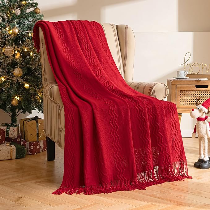 MIULEE Red Knitted Throw Blanket for Couch Boho Textured Cozy Woven Blanket with Tassels for Sofa Chair Bed Living Room Acrylic Wave Pattern 50"x60"