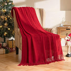MIULEE Red Knitted Throw Blanket for Couch Boho Textured Cozy Woven Blanket with Tassels for Sofa Chair Bed Living Room Acrylic Wave Pattern 50"x60"