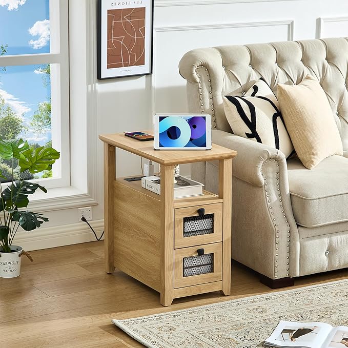 Farmhouse XXL End Table with Charging Station, Narrow Side Table with USB Ports and Outlets, Nightstand with 2 Drawers Storage, Bedside Tables for Living Room, Bedroom, Wooden Color