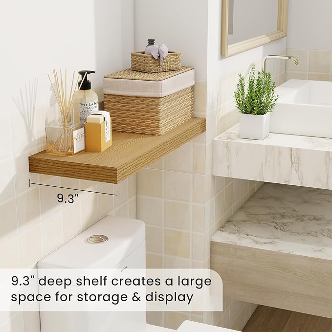 Fun Memories 24 Inch Floating Shelves for Wall, 9 Inch Deep Oak Rustic Wood Wall Mounted Shelves for Bathroom, Kitchen, Living Room, Set of 2