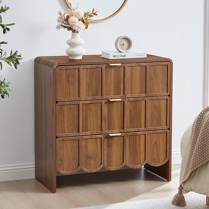 3 Drawer Dresser for Bedroom, Modern Closet Chest of Drawers with Wave Fluted Drawer, Wood Storage Small Dresser Organizer for Nursery Bedroom Living Room Hallway Closet (Walnut)