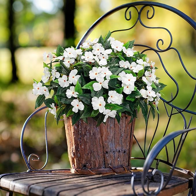 Artificial Impatiens Bouquet Flowers for Outdoors Silk Faux Flowers for Outdoor Impatiens Plants Decor Indoor Planters Kitchen Planters and Balcony Decorations 4PCS (White)