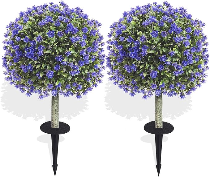 Set of 2 Artificial Boxwood Topiary Ball Trees with Purple Flowers for Outdoor with Ground Spike 29.5", UV Resistant Faux Greenery Shrubs, Fake Plants for Garden, Porch, Patio Valentine's Day Decor