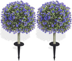 Set of 2 Artificial Boxwood Topiary Ball Trees with Purple Flowers for Outdoor with Ground Spike 29.5", UV Resistant Faux Greenery Shrubs, Fake Plants for Garden, Porch, Patio Valentine's Day Decor