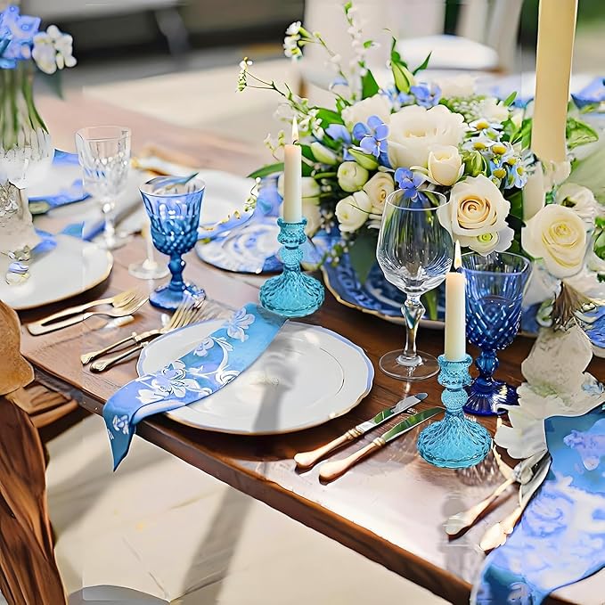 Glass Candlestick Holder,Striped Taper Candle Holders,Set of 6 Candle Stand for Table Centerpieces, Home Decor,Weddings,Festival and Parties (Bule Dimond)