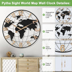 30 Inch Extra Giant Large Wall Clock Oversized,Black Big Metal Modern Decorative Silent World Map Wall Clock with Vintage Gold Arabic Numeral for Office,Living Room,Kitchen,Dining Room Decor