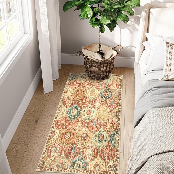 Lahome Kitchen Rugs Non Slip Washable Rugs for Entryway, 2x4 Rug Non-Slip Moroccan Trellis Ultra-Thin Indoor Door Mat Small Carpet for Bathroom Bedroom Entry, Red/Orange