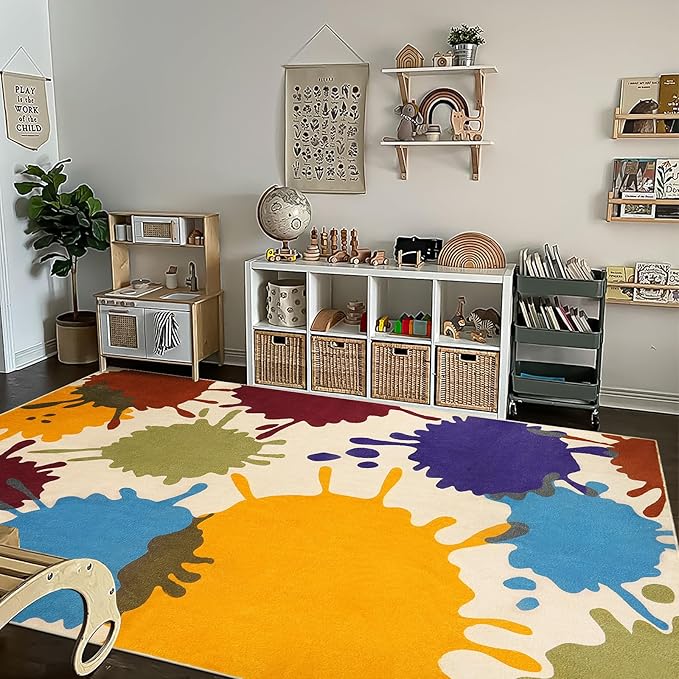 STARUIA Large Area Rug for Living Room, 8'x10' Rainbow Kids Rug for Classroom, Colorful Art Washable Rugs for Bedroom, Non-Slip Ink Splotch Nursery Rugs Soft Modern Living Room Carpet for Dorm School